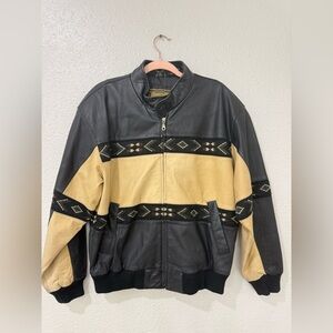 Vintage Adler Leather Aztec Jacket Mens Sz M Black Beige Western